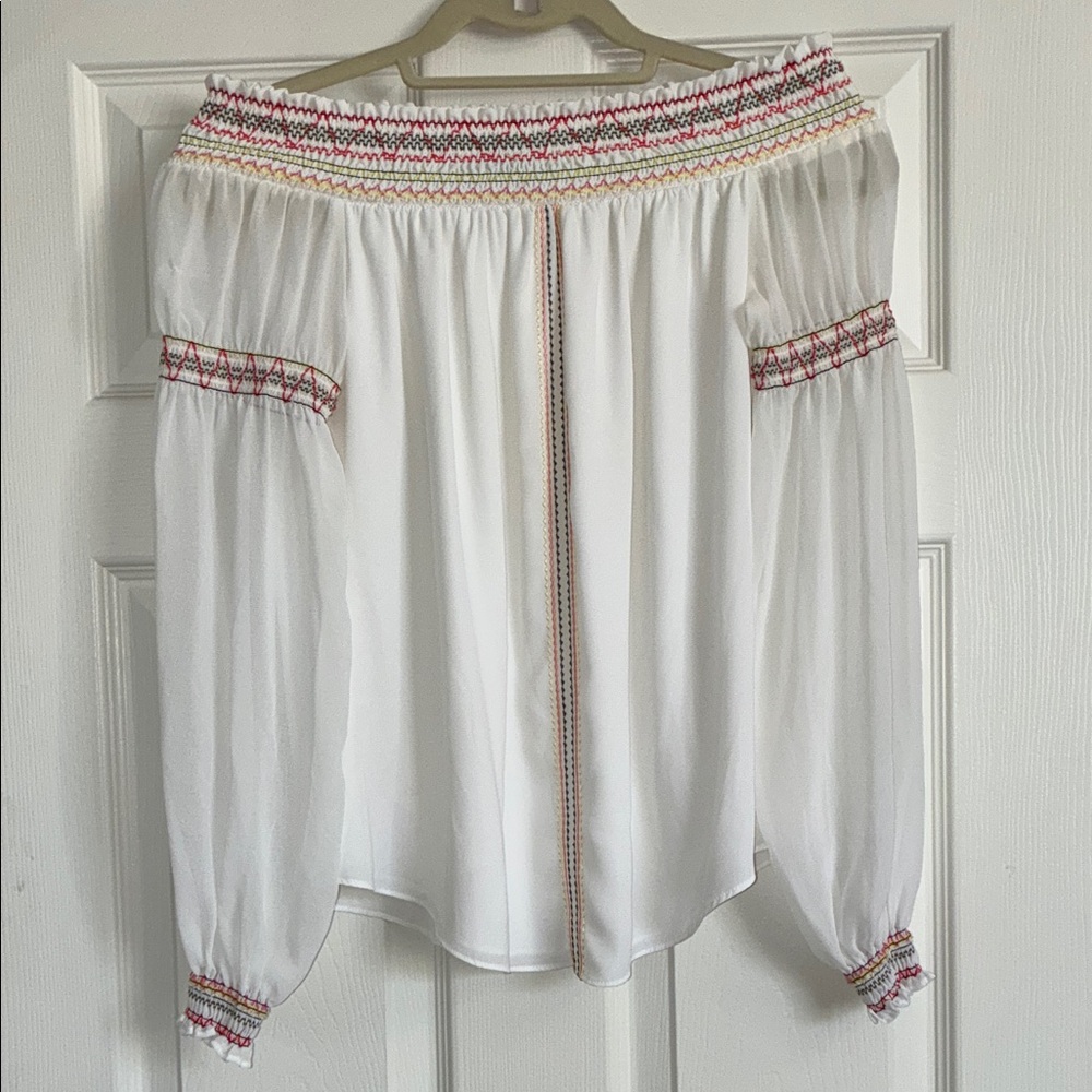White House Black Market Off-Shoulder Blouse with Colorful embroidered Smocking